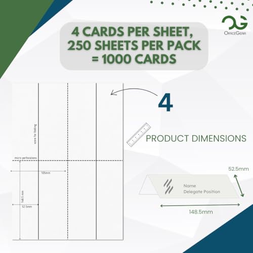 OfficeGear Tent Cards 4-up (250 Sheets - 1000 Cards 170 GSM) Bulk Pack 52 x 148mm - Perforated Printable Folding Table Name Place Cards for Conferences, Exhibitions, Weddings - Downloadable Template