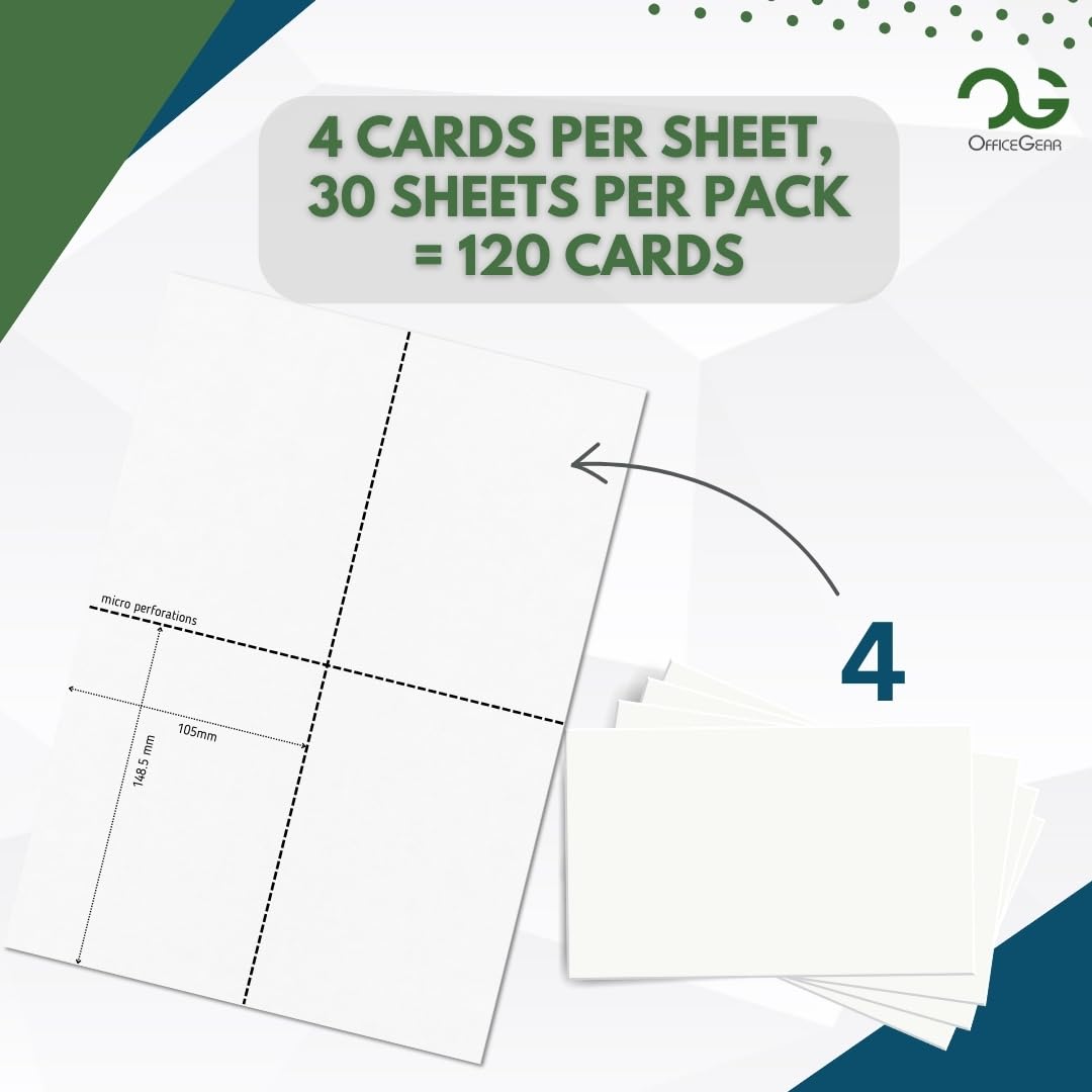 OfficeGear A6 Cards 4-Up 150gsm: Perforated Printable Cards - 30 Sheets / 120 Cards with Free Template