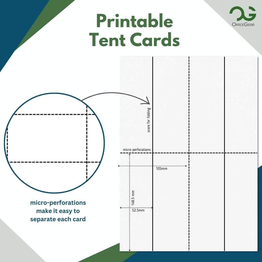 OfficeGear Tent Cards 4-up (55 Sheets - 220 Cards) 52 x 148mm - Perforated Printable Folding Table Name Place Cards 170 GSM for Conferences, Exhibitions, Weddings - incl downloadable Design Template
