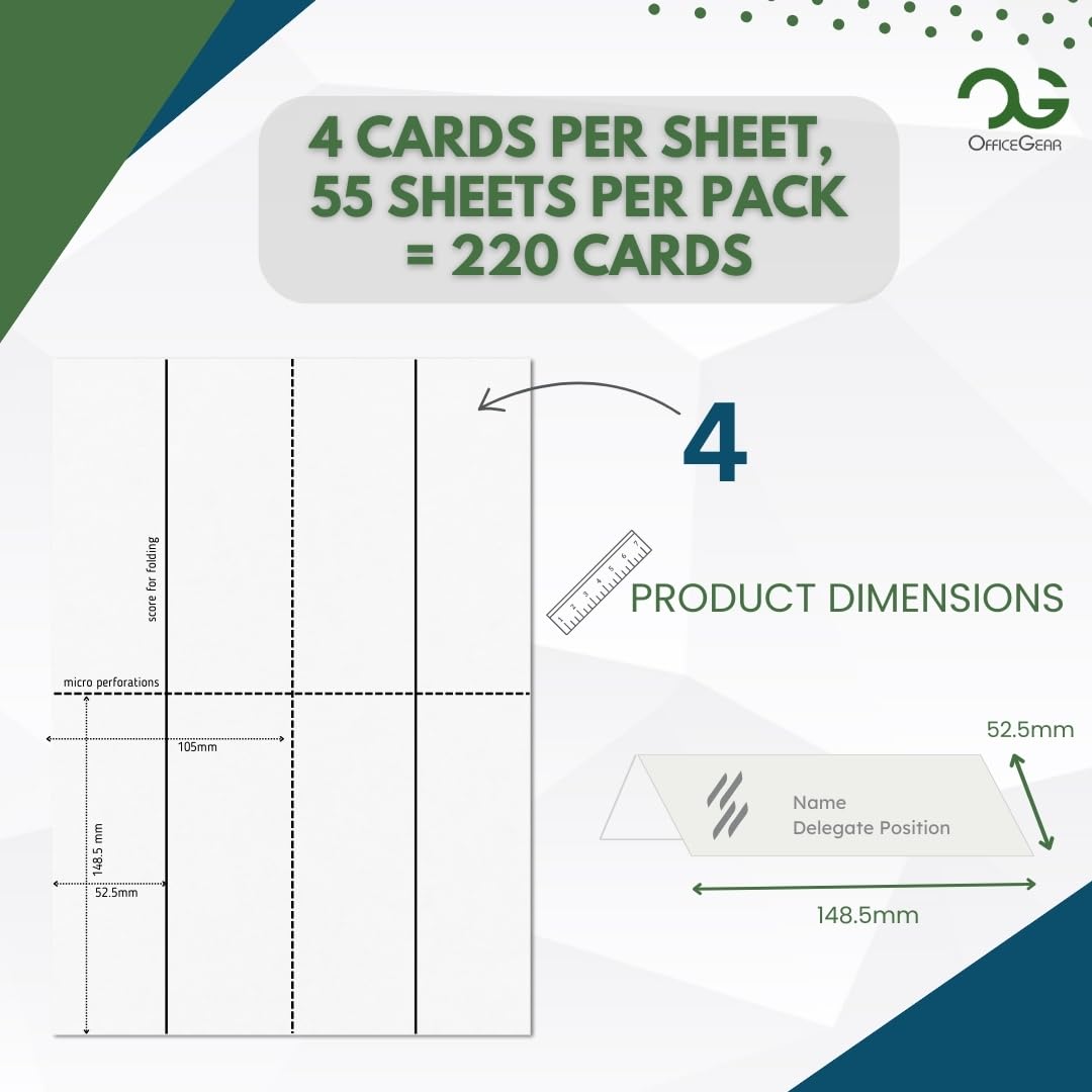 OfficeGear Tent Cards 4-up (55 Sheets - 220 Cards) 52 x 148mm - Perforated Printable Folding Table Name Place Cards 170 GSM for Conferences, Exhibitions, Weddings - incl downloadable Design Template