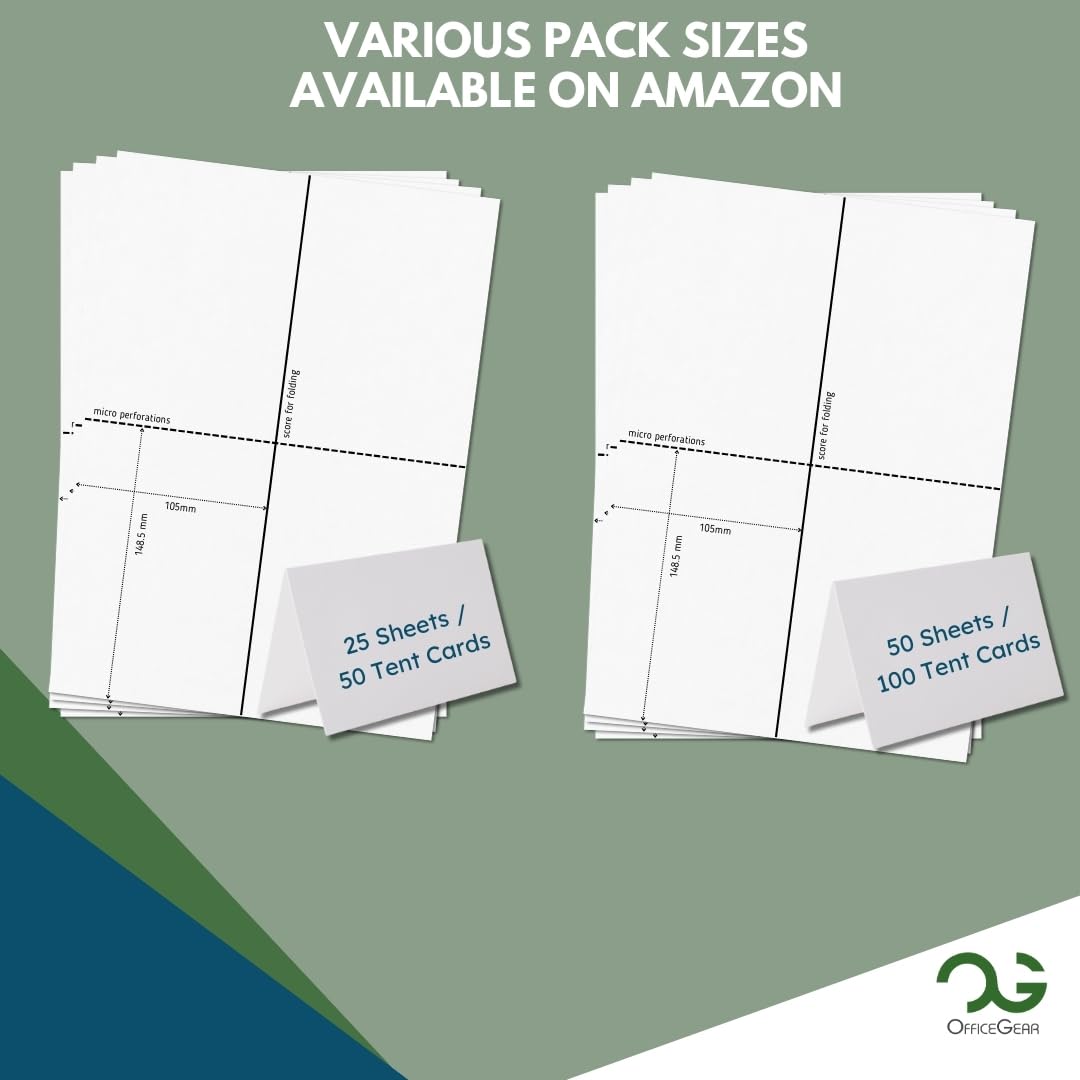 OfficeGear Large Tent Cards A6 Size 2-Up: 25 Sheets / 50 Cards with Free Template