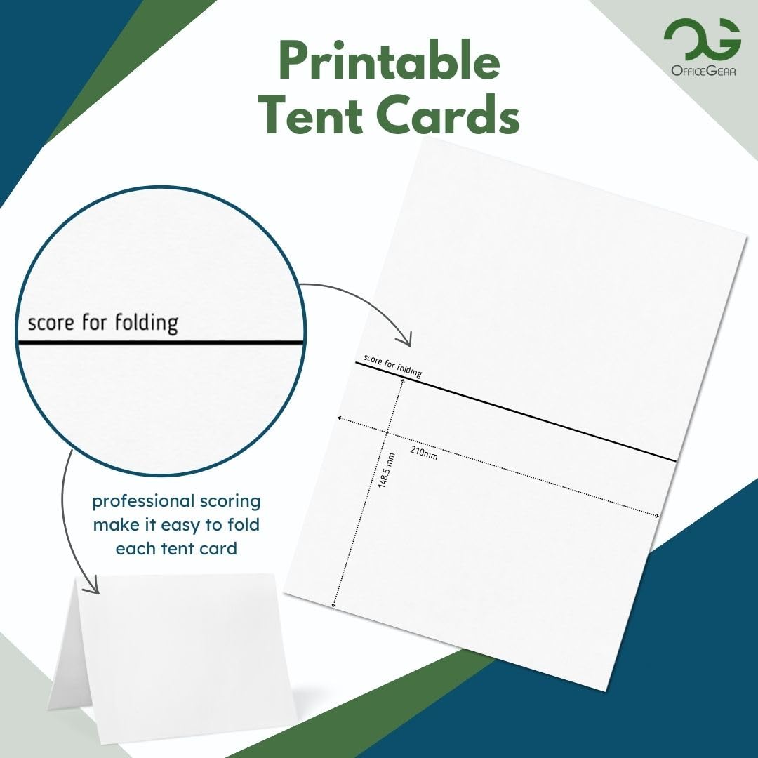 OfficeGear Extra Large Tent Cards A5 Size 1-up Table Place Cards – 25 Pack of 250gsm Perforated Scored Printable Folding Name Cards for Hotels Restaurants Conference Events – 148.5mm x 210mm When Folded