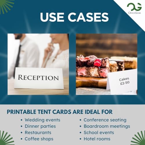 OfficeGear Tent Cards 4-up (250 Sheets - 1000 Cards 170 GSM) Bulk Pack 52 x 148mm - Perforated Printable Folding Table Name Place Cards for Conferences, Exhibitions, Weddings - Downloadable Template