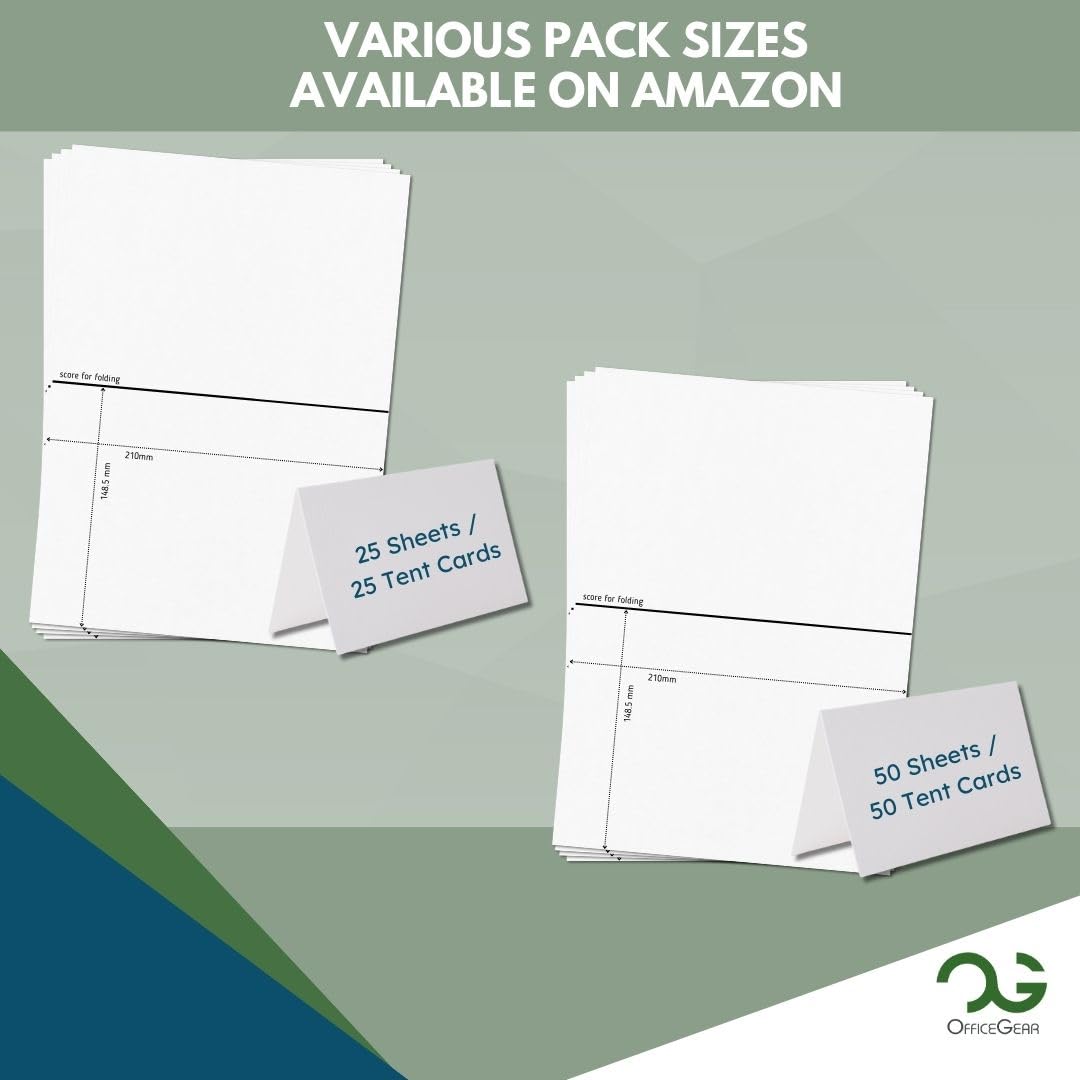 OfficeGear Extra Large Tent Cards A5 Size 1-up Table Place Cards – 25 Pack of 250gsm Perforated Scored Printable Folding Name Cards for Hotels Restaurants Conference Events – 148.5mm x 210mm When Folded