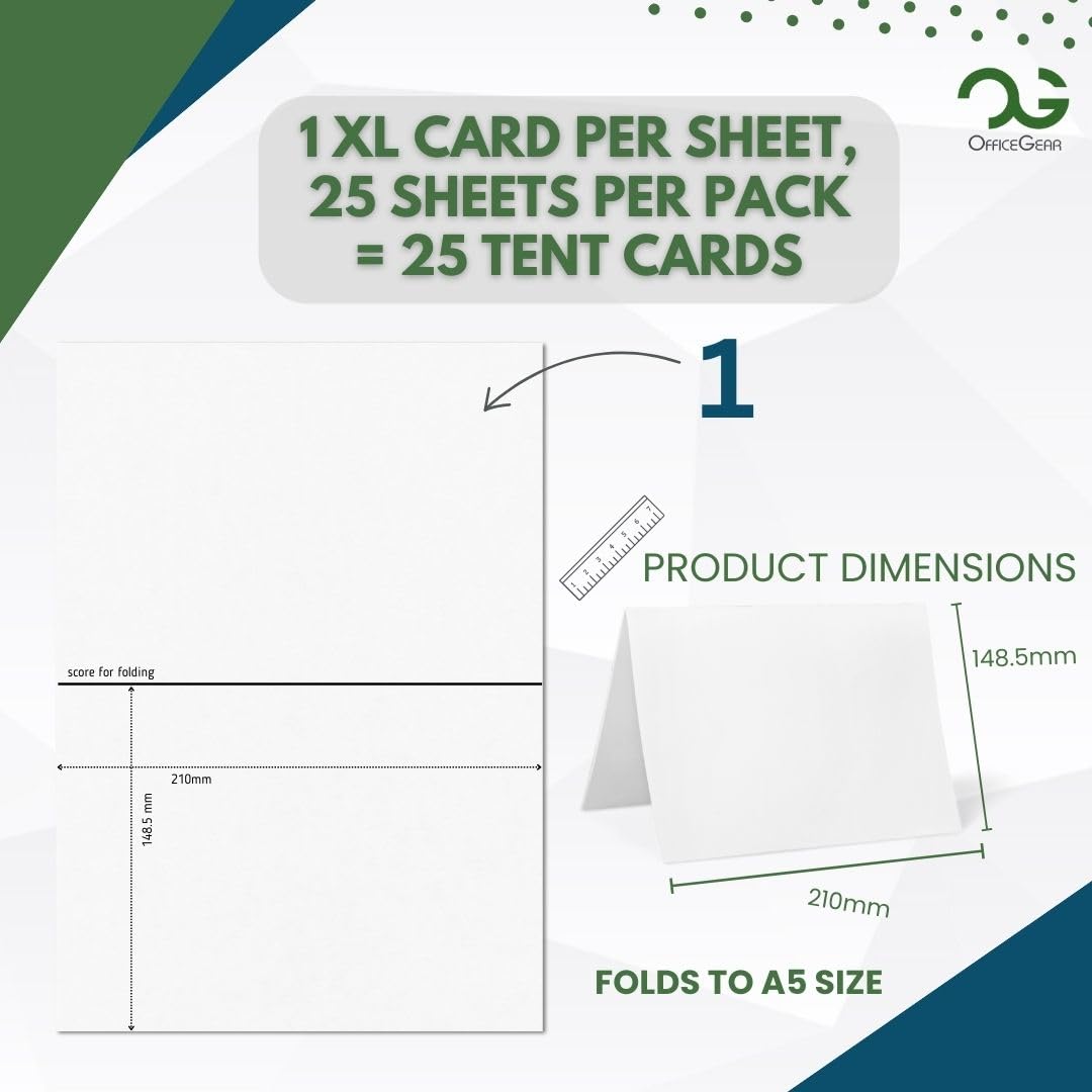 OfficeGear Extra Large Tent Cards A5 Size 1-up Table Place Cards – 25 Pack of 250gsm Perforated Scored Printable Folding Name Cards for Hotels Restaurants Conference Events – 148.5mm x 210mm When Folded
