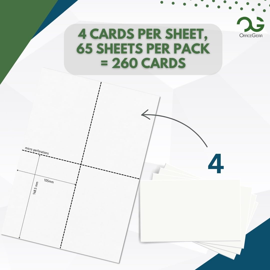 OfficeGear Thick A6 Cards 4-Up 190GSM: Perforated Printable Cards - 65 Sheets / 260 Cards with Free Template