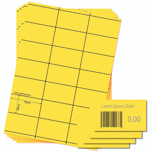 OfficeGear Yellow Shelf Edge Labels [525 Pack] 38x70mm Printable A4 Card 21 Perforated Labels/Sheet for Retail Barcodes, Price Stickers, Point of Sale, Product Info, Shelf Promotions Incl Template