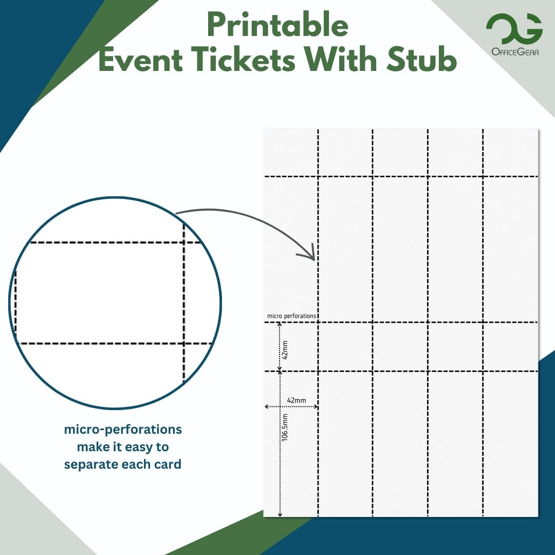 OfficeGear Event Tickets 10-Up: Perforated Printable Tickets and Stubs - 25 Sheets / 250 Tickets with Free Template
