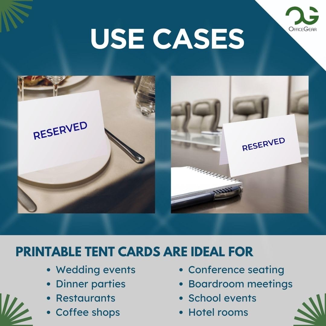 OfficeGear Extra Large Tent Cards A5 Size 1-up Table Place Cards – 25 Pack of 250gsm Perforated Scored Printable Folding Name Cards for Hotels Restaurants Conference Events – 148.5mm x 210mm When Folded