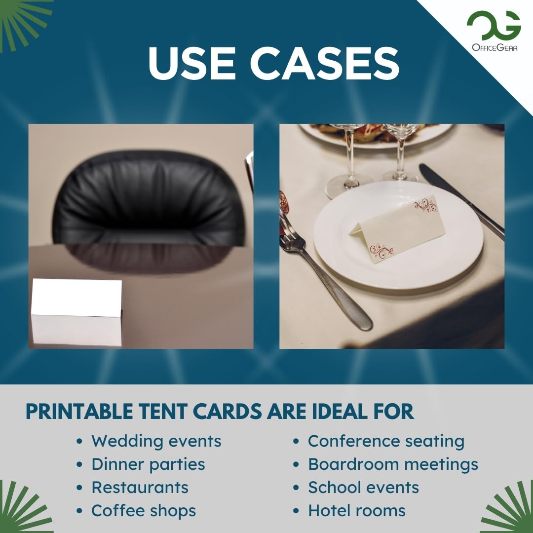 OfficeGear Tent Cards 4-up (55 Sheets - 220 Cards) 52 x 148mm - Perforated Printable Folding Table Name Place Cards 170 GSM for Conferences, Exhibitions, Weddings - incl downloadable Design Template