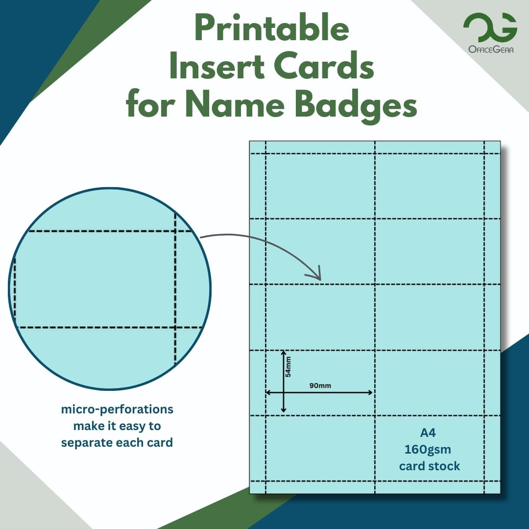 OfficeGear Blue Perforated Printable Name Badges ID Insert Cards Refills 90x54mm White A4 150 GSM - for Conference Name Badge Holders