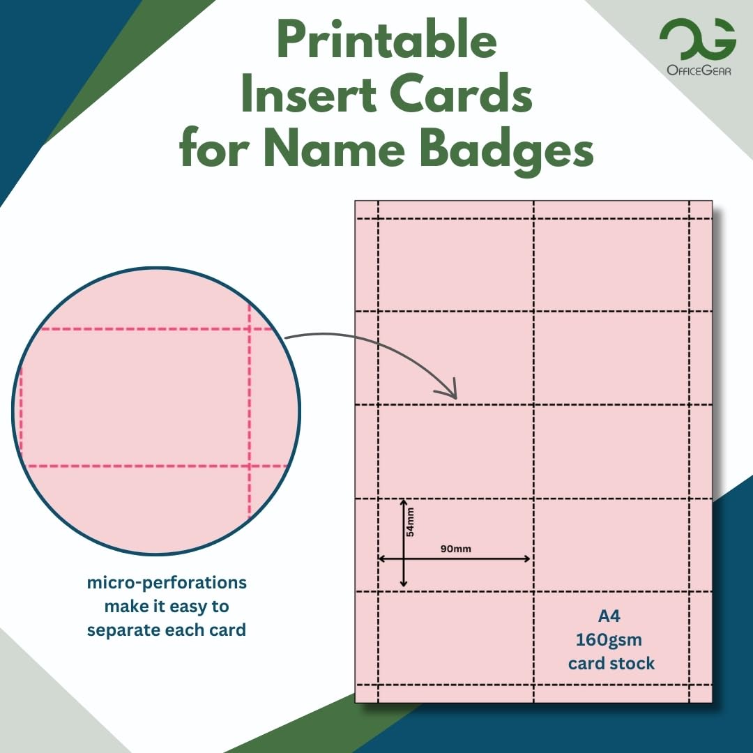 OfficeGear Blue Perforated Printable Name Badges ID Insert Cards Refills 90x54mm White A4 150 GSM - for Conference Name Badge Holders