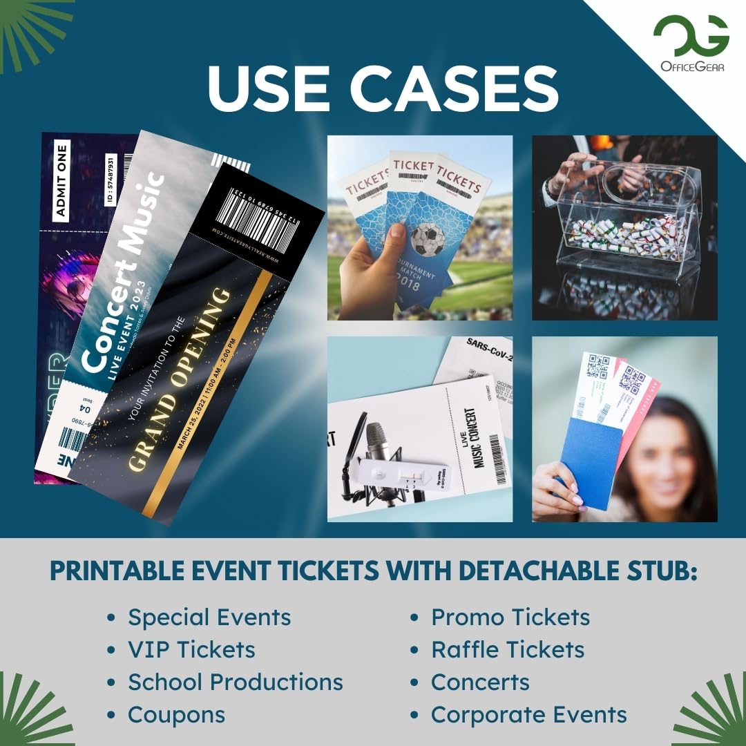 OfficeGear Event Tickets 10-Up: Perforated Printable Tickets and Stubs - 25 Sheets / 250 Tickets with Free Template