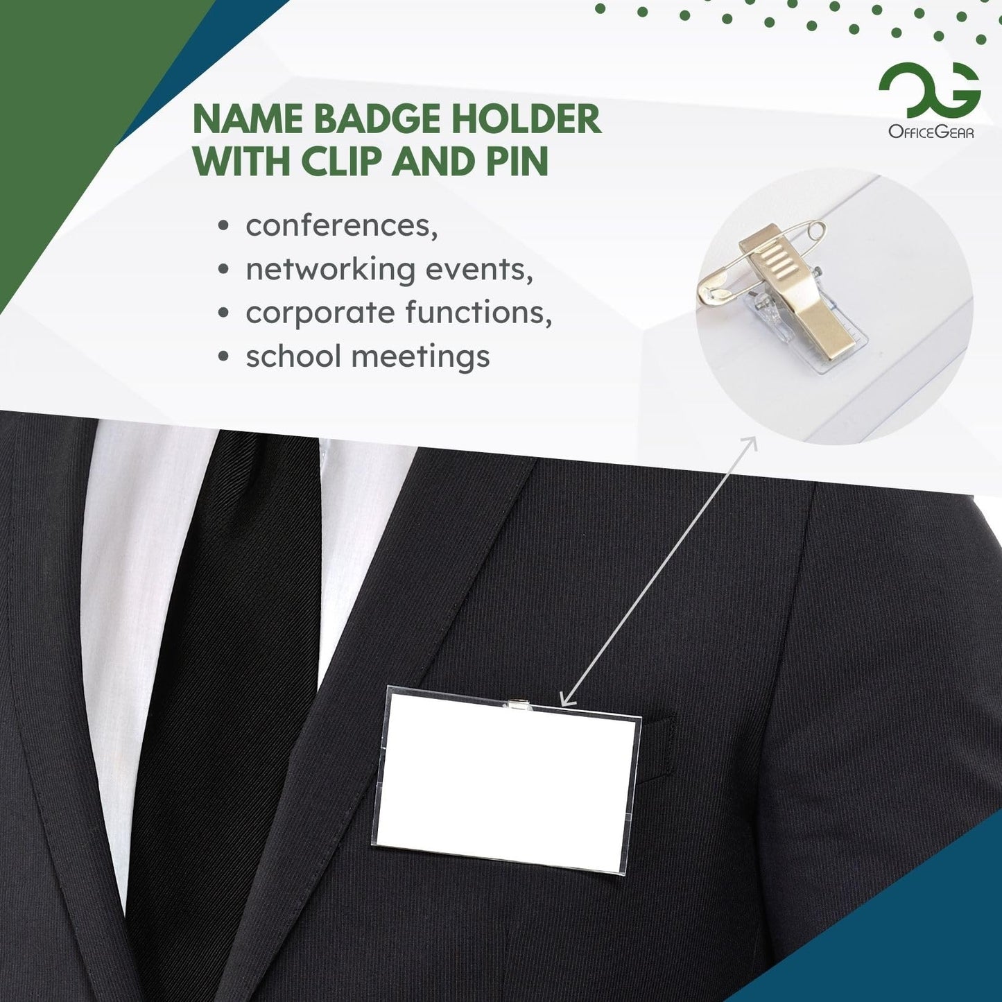 OfficeGear Name Badges (50 Pack) Name Badge Holders with Clip and Pin Includes Insert Reusable ID Tags for Conference Corporate Event Networking School Meeting – 90mm x 54mm Lombardi Smith