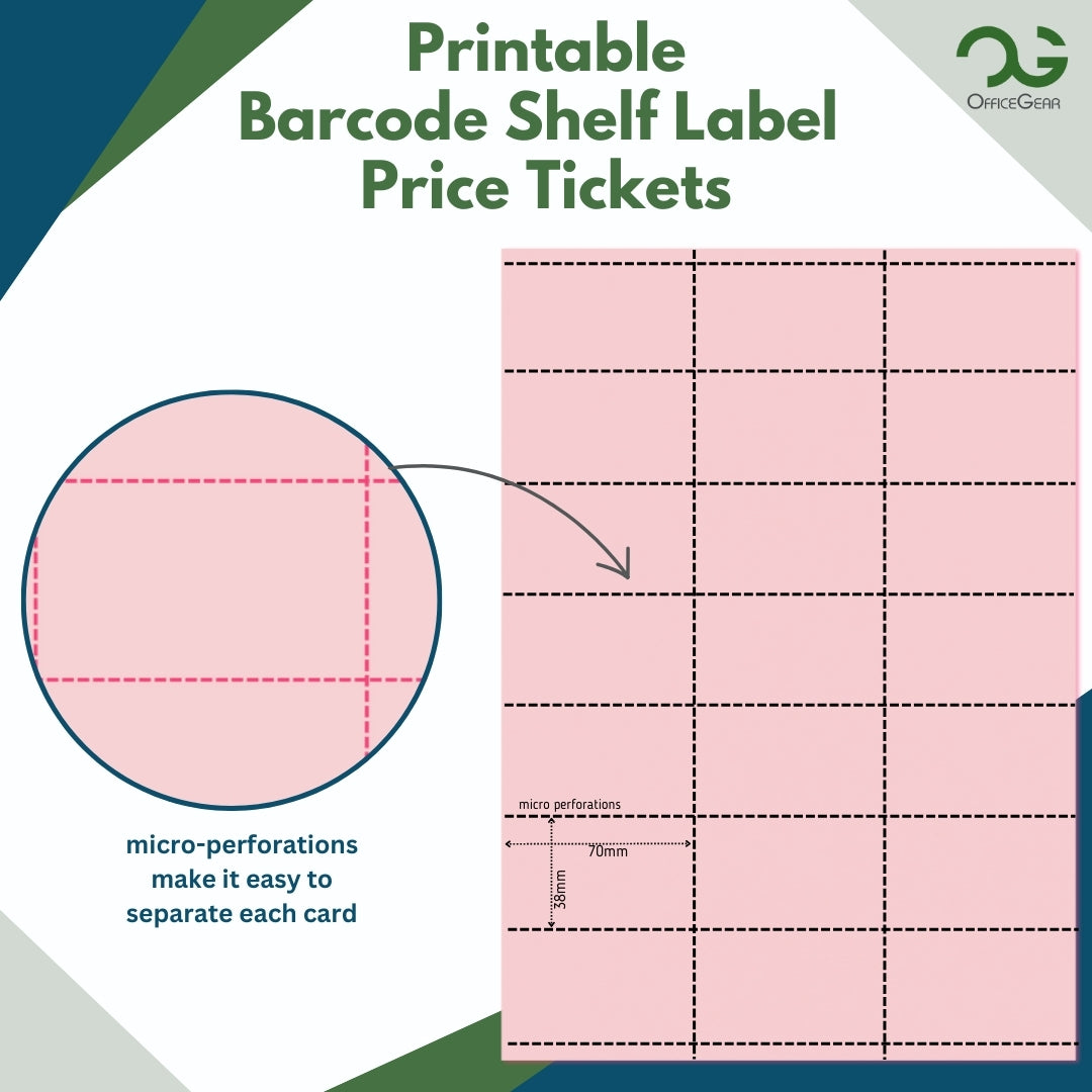 OfficeGear Shelf Labels 21-Up: Pink Perforated Printable Labels - 25 Sheets / 525 Labels with Free Template