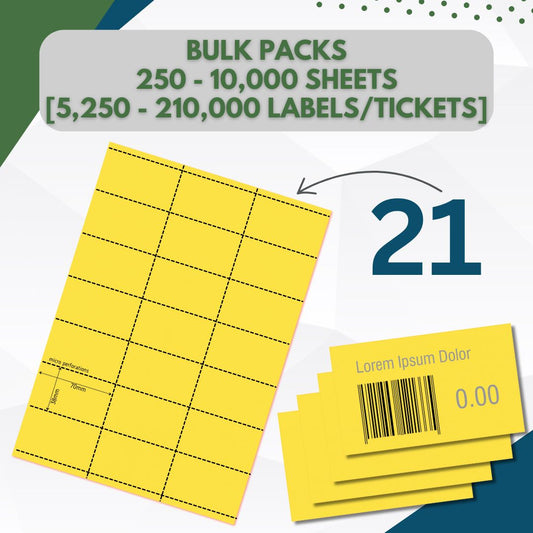 OfficeGear Yellow Shelf Edge Labels 21-up [BULK PACKS] Printable A4 Sheets Perforated 38x70mm Barcode Price Shelf Labels with Downloadable Design Template