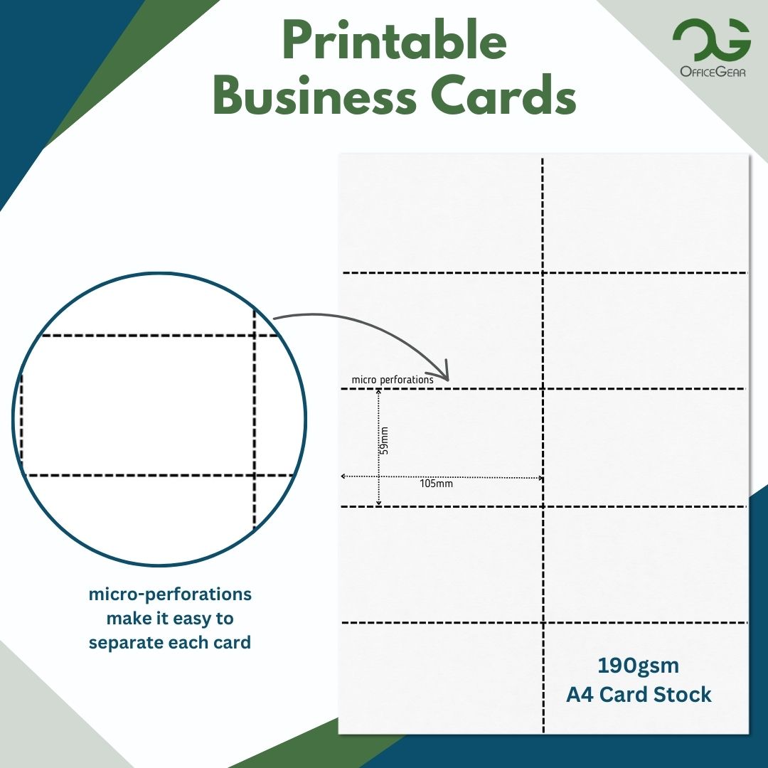 OfficeGear Thick Printable Business Cards 10-up (55 Sheets - 550 Pack) 59x105mm Perforated Custom Printable 190gsm Corporate Name Cards - Includes Design Template