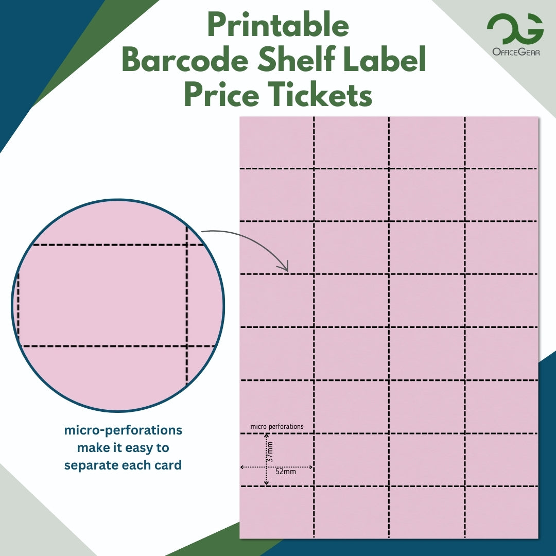 OfficeGear Pink Shelf Labels 32-Up: Perforated Printable Labels - 25 Sheets / 800 Labels with Free Template