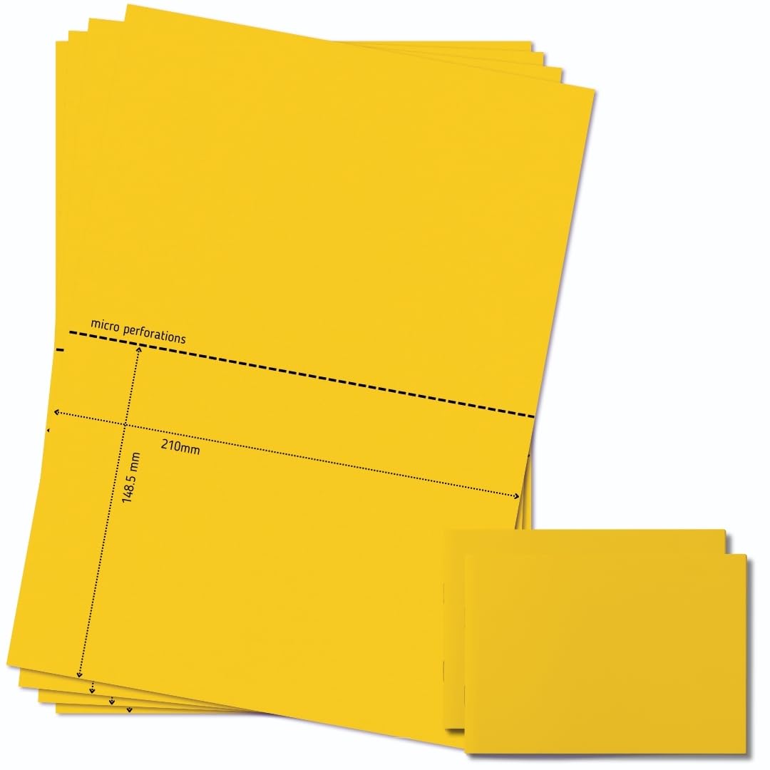 OfficeGear Yellow A5 Flyers 2-up [55 Sheets - 110 Flyers] Perforated Printable Cards for Flyers Invitations Menus Save The Date - 210x148mm Yellow A4 120GSM Card Free Downloadable Design Template