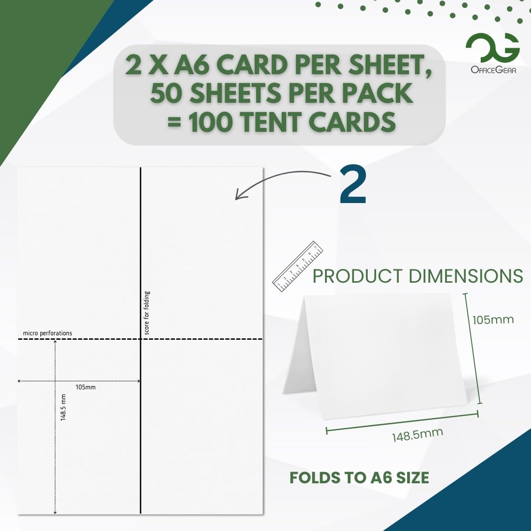 OfficeGear Large Tent Cards 2-Up: 50 Sheets / 100 Cards with Free Template