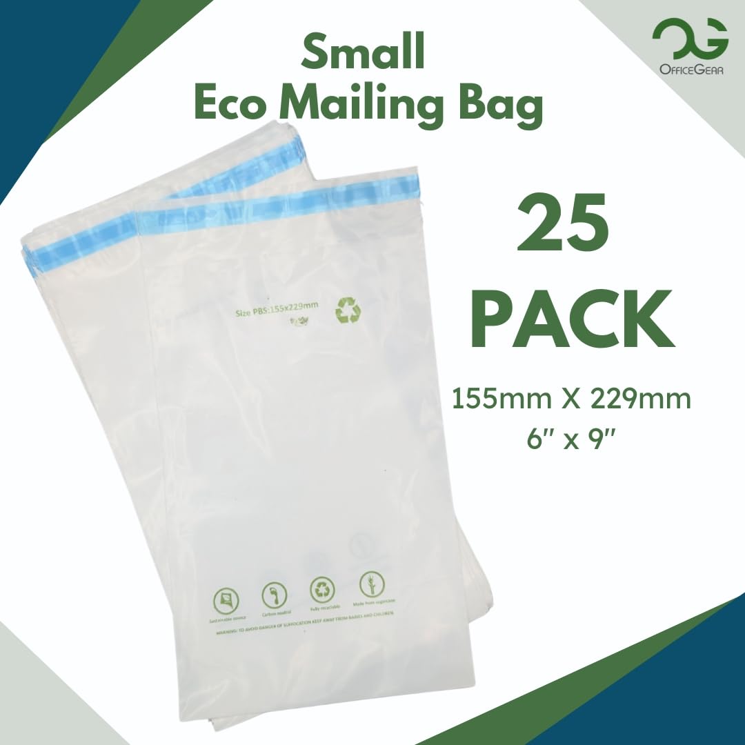 OfficeGear Eco Mailing Bag Small [25 pack - 155x229mm / 6x9"] - Durable Tough White 50 Micron Sustainable Environmentally Friendly Sugar Cane Packaging Fully Recyclable