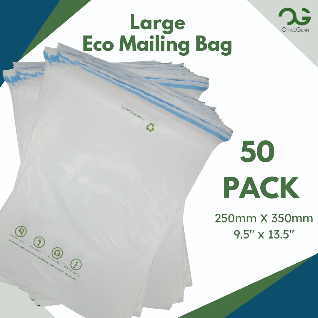 OfficeGear Eco Mailing Bag Large [50 Pack - 250x350mm / 9.5x13.5] - Durable Tough White 50 Micron Sustainable Environmentally Friendly Sugar Cane Packaging Fully Recyclable