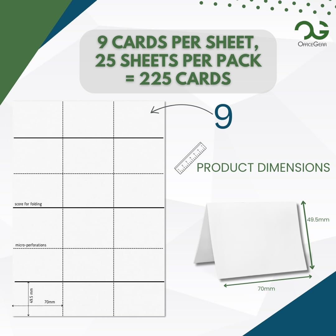 OfficeGear XS Tent Cards 9-Up: Perforated Printable Cards - 25 Sheets / 225 Cards with Free Template