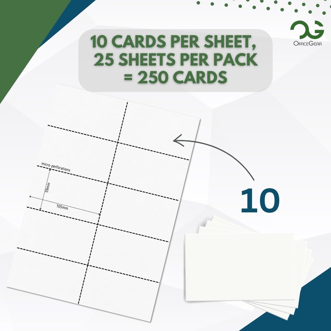 OfficeGear Business Cards 10-Up: Perforated Printable Cards - 25 Sheets / 250 Cards with Free Template