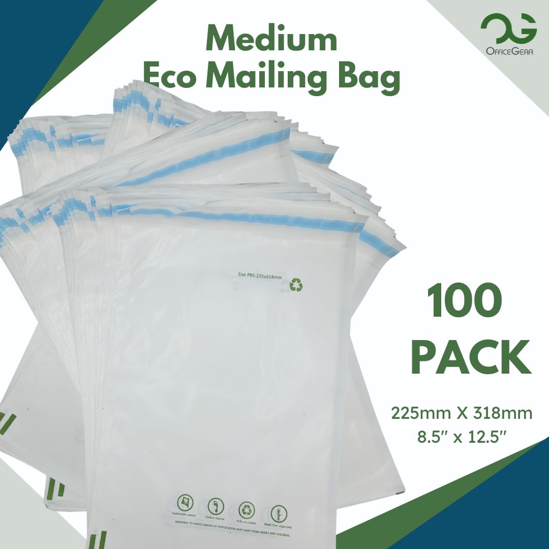 OfficeGear Eco Mailing Bag Medium [100 Pack - 225x318mm / 8.5x12.5] - Durable Tough White 50 Micron Sustainable Environmentally Friendly Sugar Cane Packaging Fully Recyclable