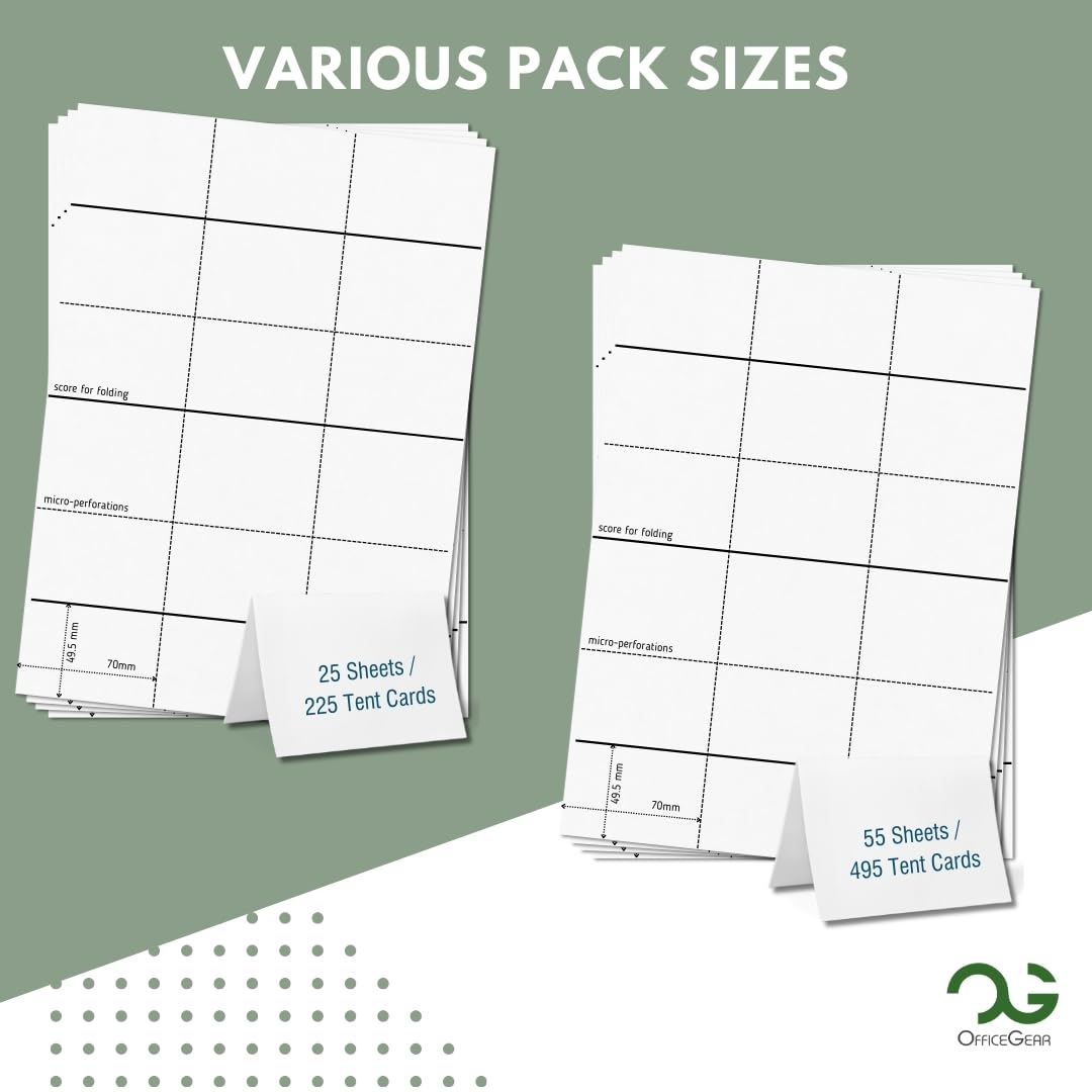 OfficeGear XS Tent Cards 9-Up: Perforated Printable Cards - 55 Sheets / 495 Cards with Free Template