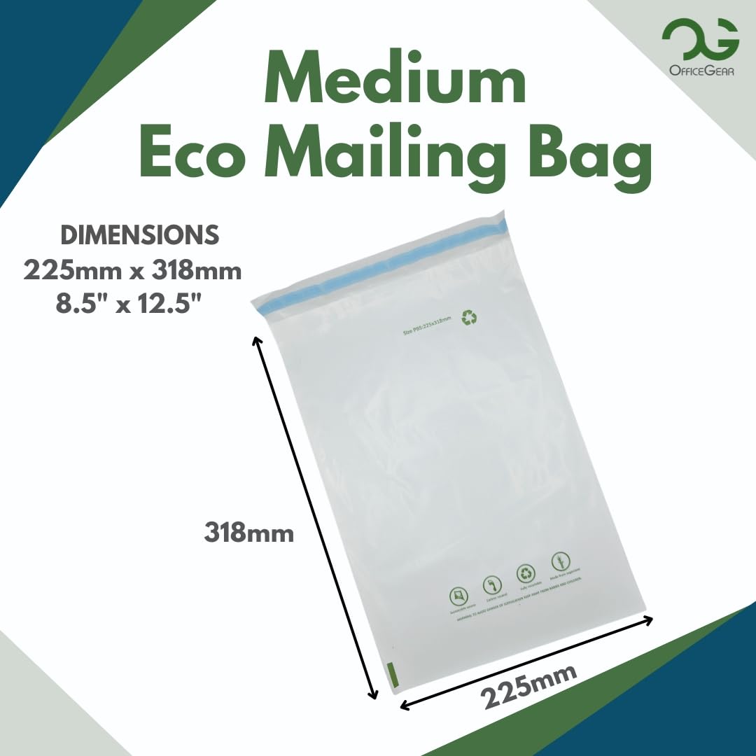 OfficeGear Eco Mailing Bag Medium [100 Pack - 225x318mm / 8.5x12.5] - Durable Tough White 50 Micron Sustainable Environmentally Friendly Sugar Cane Packaging Fully Recyclable