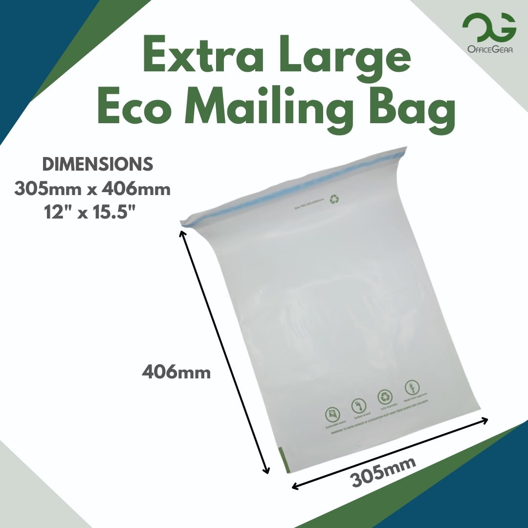 OfficeGear Eco Mailing Bag Extra Large [100 pack - 305x406mm / 12x15.5"] - Durable Tough White 50 Micron Sustainable Environmentally Friendly Sugar Cane Packaging Fully Recyclable