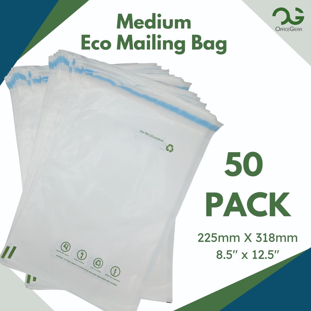 OfficeGear Eco Mailing Bag Medium [50 pack - 225x318mm / 8.5x12.5"] - Durable Tough White 50 Micron Sustainable Environmentally Friendly Sugar Cane Packaging Fully Recyclable