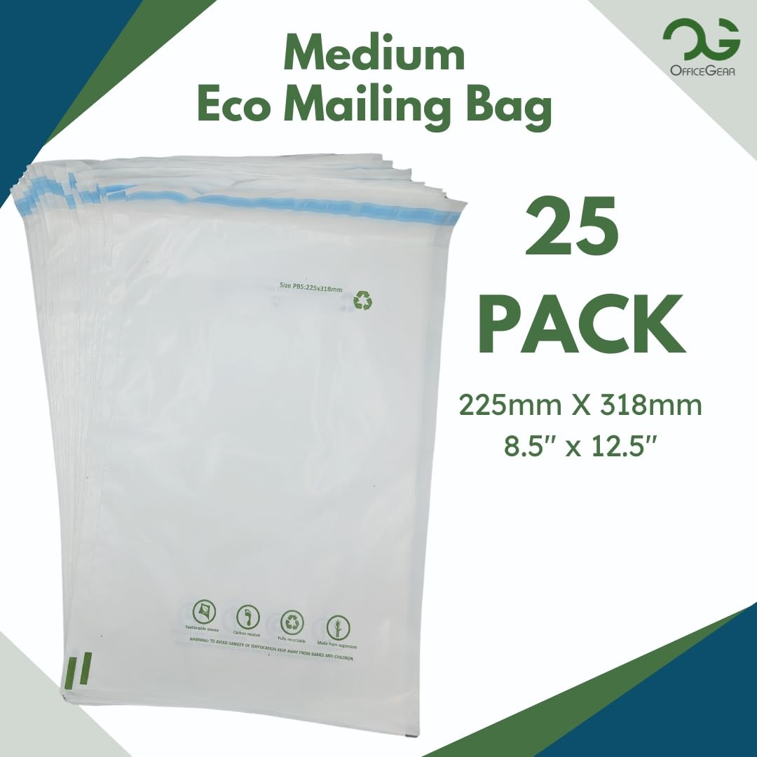 OfficeGear Eco Mailing Bag Medium [25 pack - 225x318mm / 8.5x12.5"] - Durable Tough White 50 Micron Sustainable Environmentally Friendly Sugar Cane Packaging Fully Recyclable