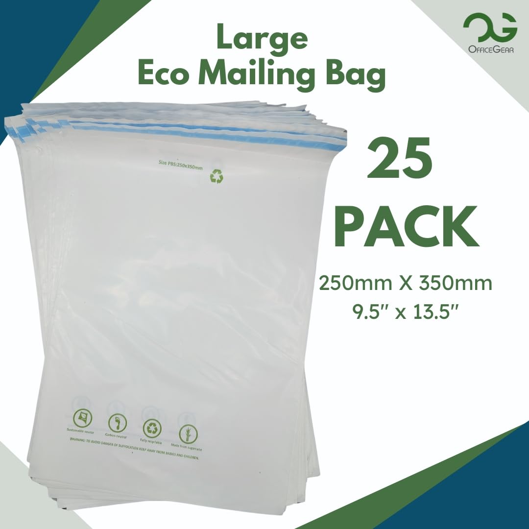 OfficeGear Eco Mailing Bag Large [25 Pack - 250x350mm / 9.5x13.5] - Durable Tough White 50 Micron Sustainable Environmentally Friendly Sugar Cane Packaging Fully Recyclable