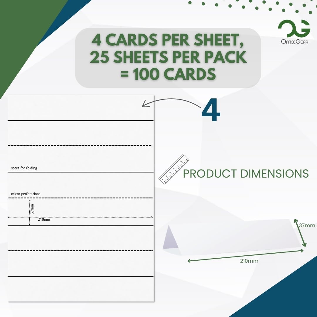 OfficeGear Tent Cards 4-Up: Perforated Printable Cards - 25 Sheets / 100 Cards with Free Template