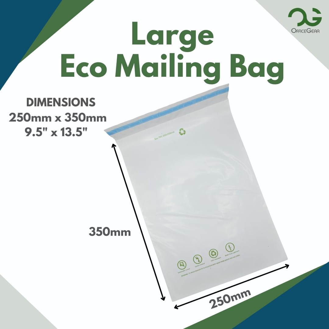 OfficeGear Eco Mailing Bag Large [25 Pack - 250x350mm / 9.5x13.5] - Durable Tough White 50 Micron Sustainable Environmentally Friendly Sugar Cane Packaging Fully Recyclable