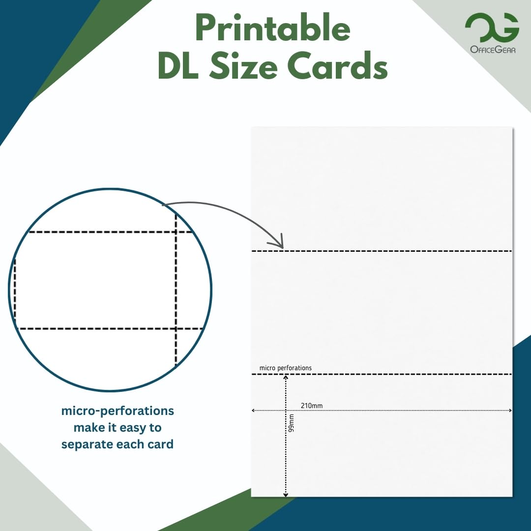 OfficeGear DL Cards 3-Up: Perforated Printable Cards - 55 Sheets / 165 Cards with Free Template