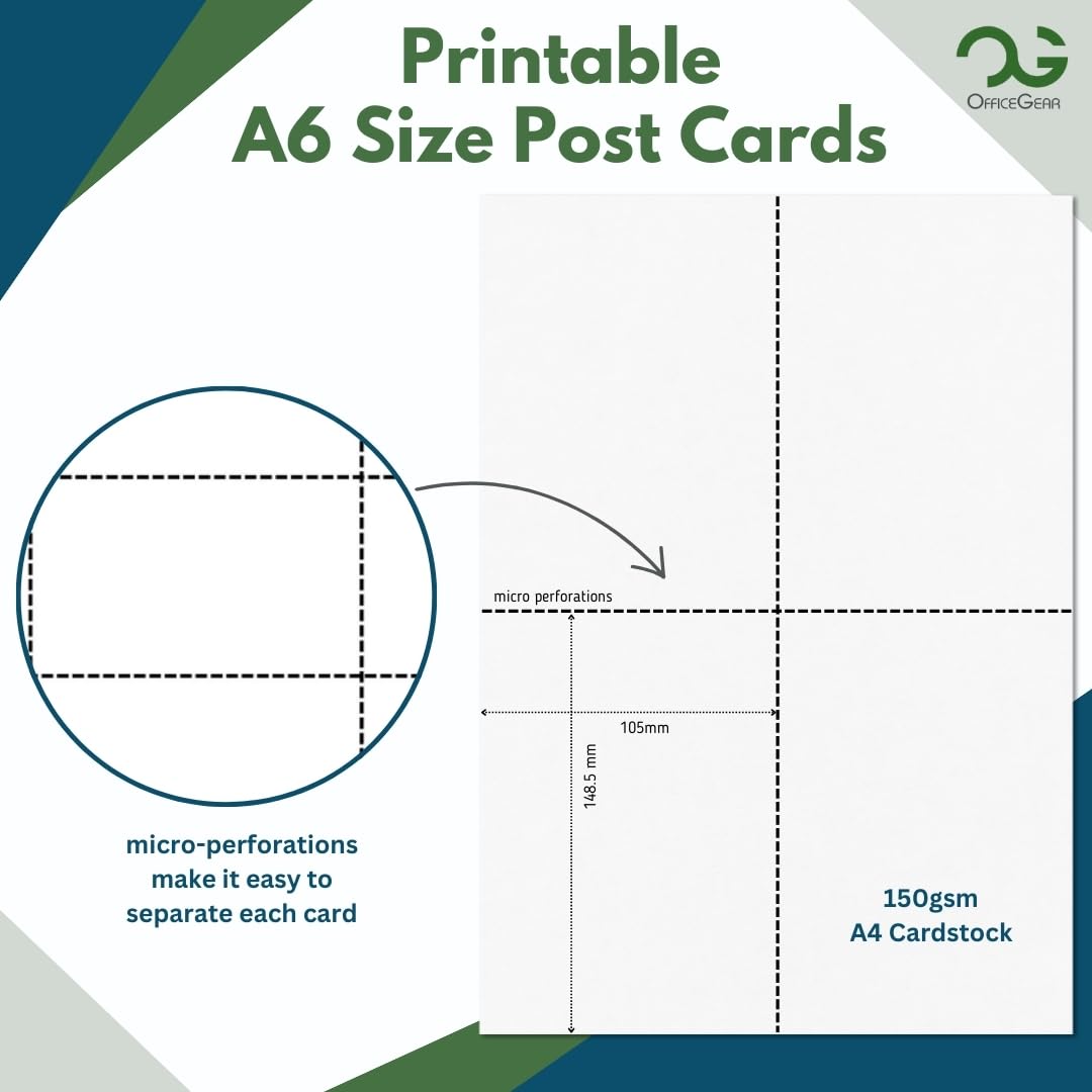 OfficeGear A6 Cards 4-Up: Perforated Printable Cards - 30 Sheets / 120 Cards with Free Template