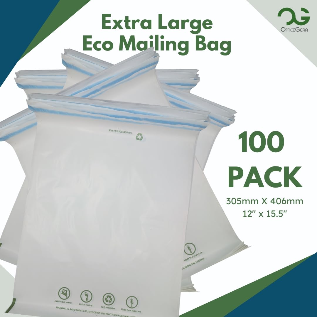 OfficeGear Eco Mailing Bag Extra Large [100 pack - 305x406mm / 12x15.5"] - Durable Tough White 50 Micron Sustainable Environmentally Friendly Sugar Cane Packaging Fully Recyclable