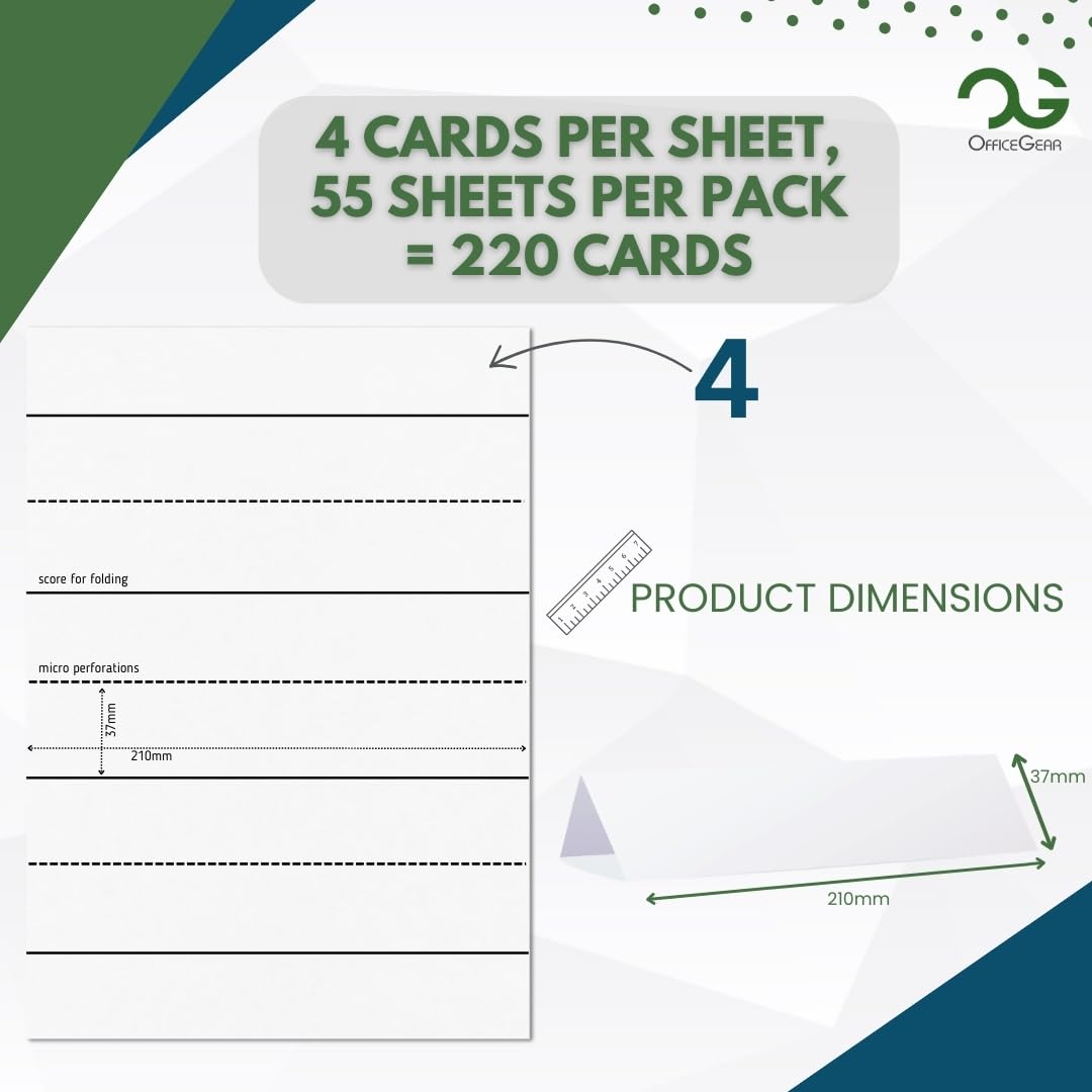 OfficeGear Tent Cards 4-Up: Perforated Printable Cards - 55 Sheets / 220 Cards with Free Template