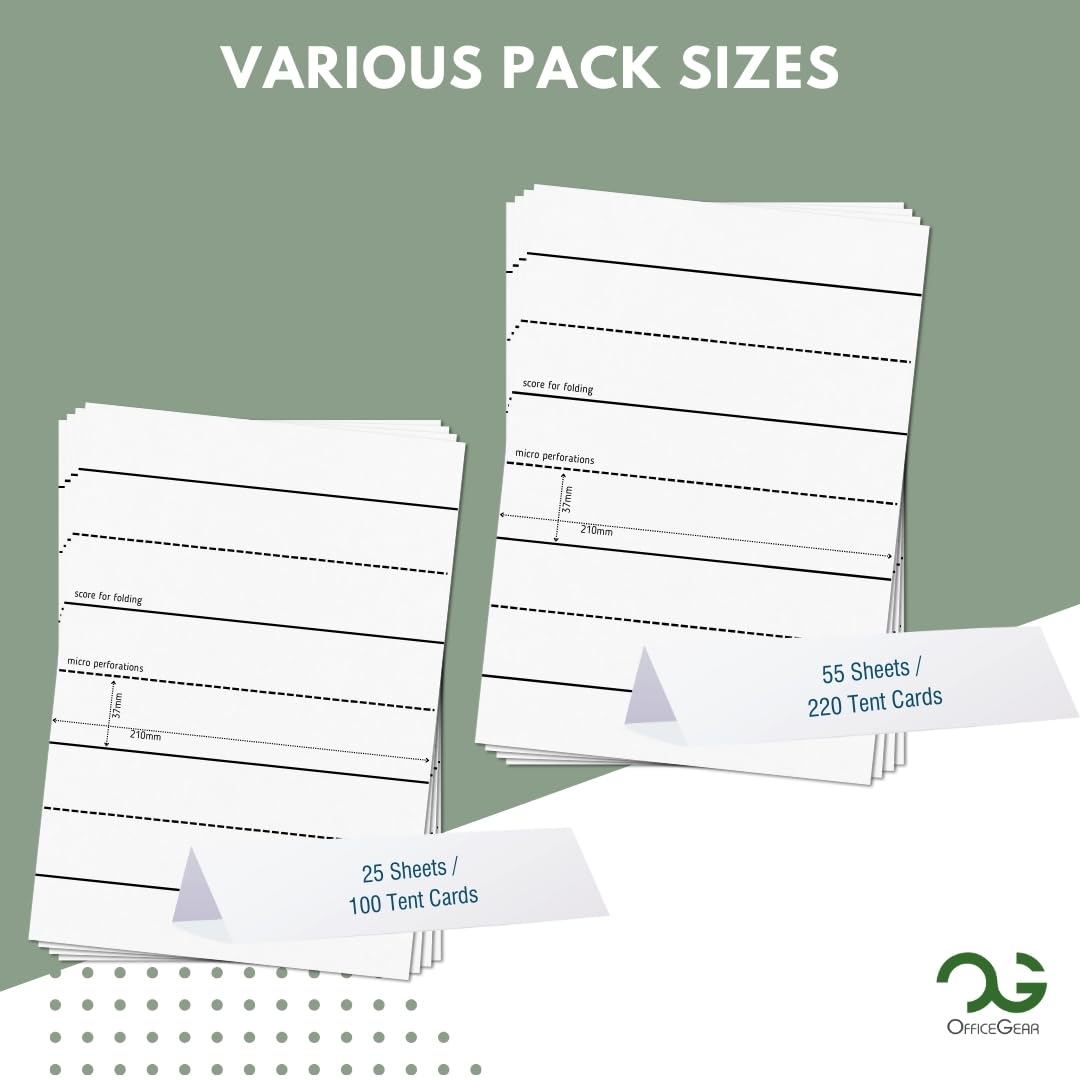 OfficeGear Tent Cards 4-Up: Perforated Printable Cards - 55 Sheets / 220 Cards with Free Template