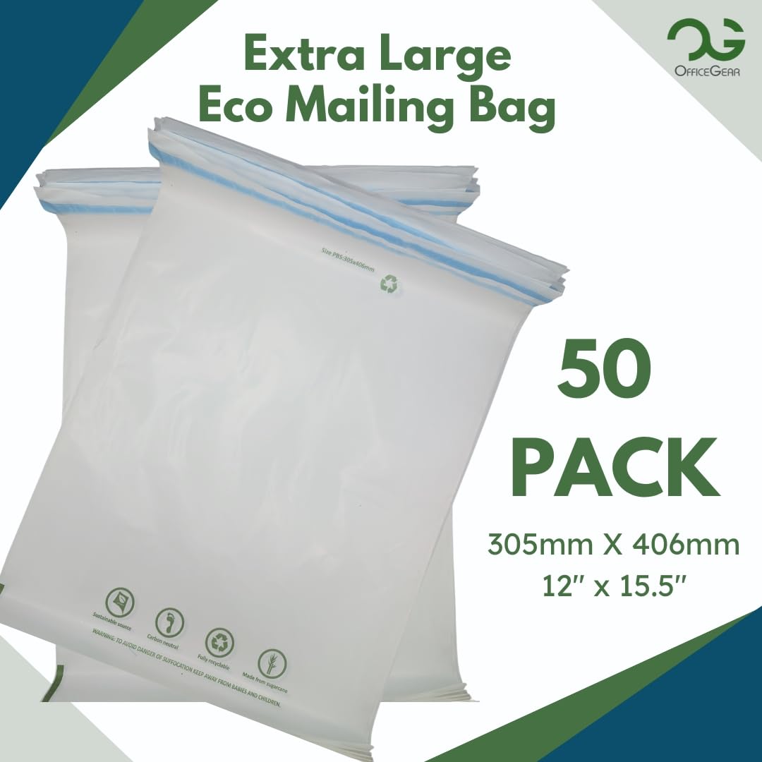 OfficeGear Eco Mailing Bag Extra Large [50 pack - 305x406mm / 12x15.5"] - Durable Tough White 50 Micron Sustainable Environmentally Friendly Sugar Cane Packaging Fully Recyclable