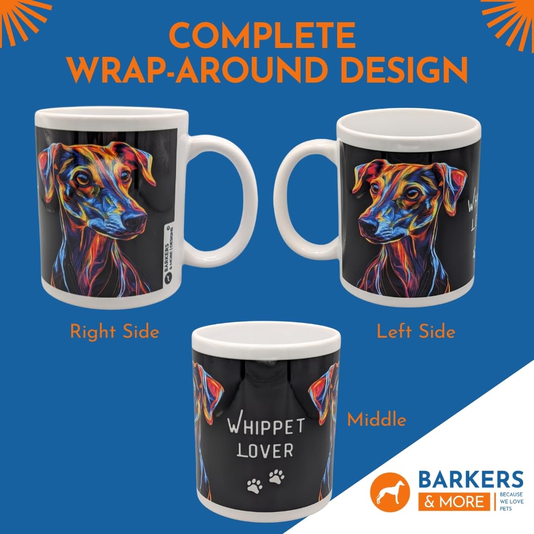 Barkers & More Whippet Lover Mug Neon Outline Unique Design - Gift Idea for Any Tea or Coffee Loving Whippet Dog Owner Suitable for Christmas, Birthday Mothers Fathers Day Thank You Gesture