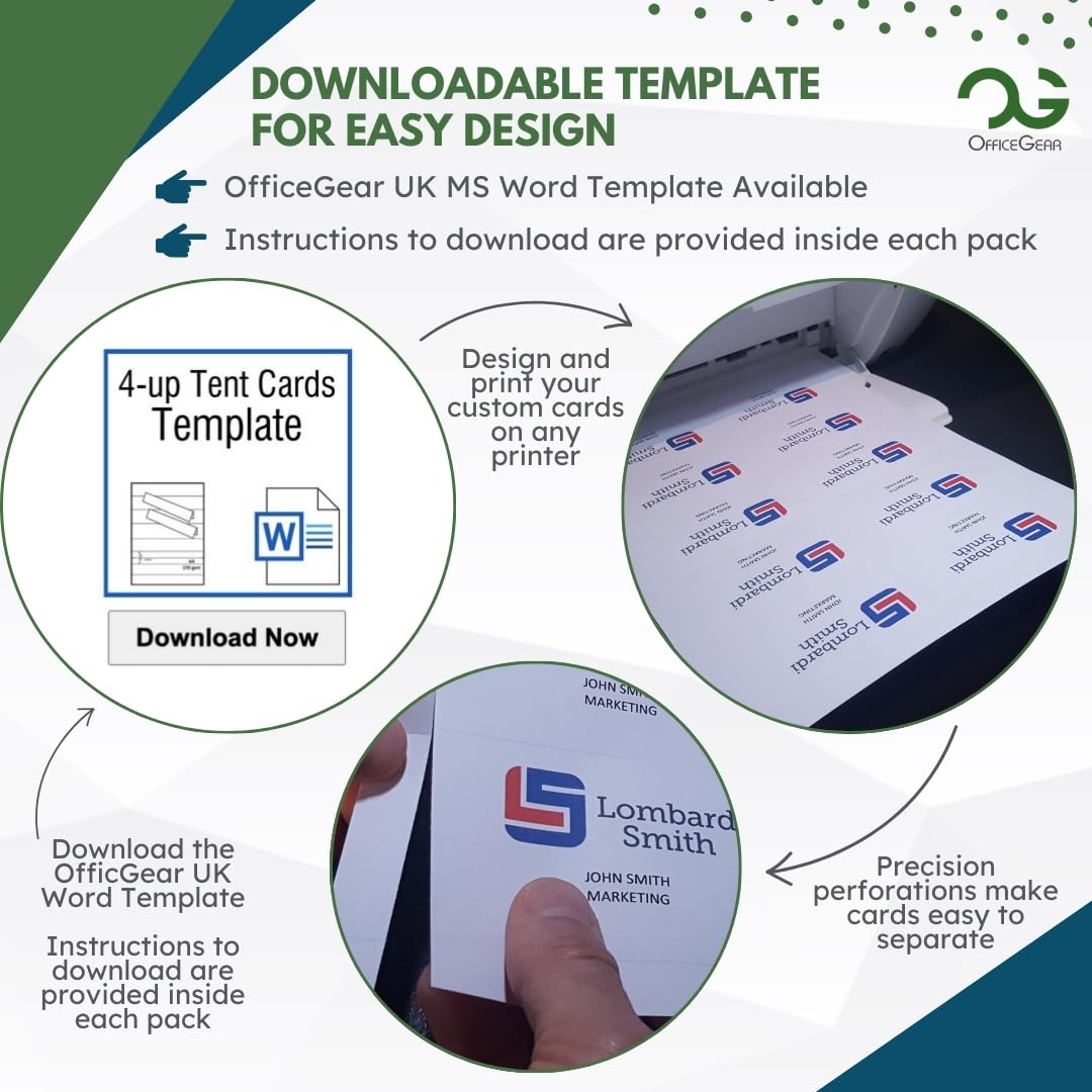 OfficeGear Tent Cards 4-Up: Perforated Printable Cards - 55 Sheets / 220 Cards with Free Template