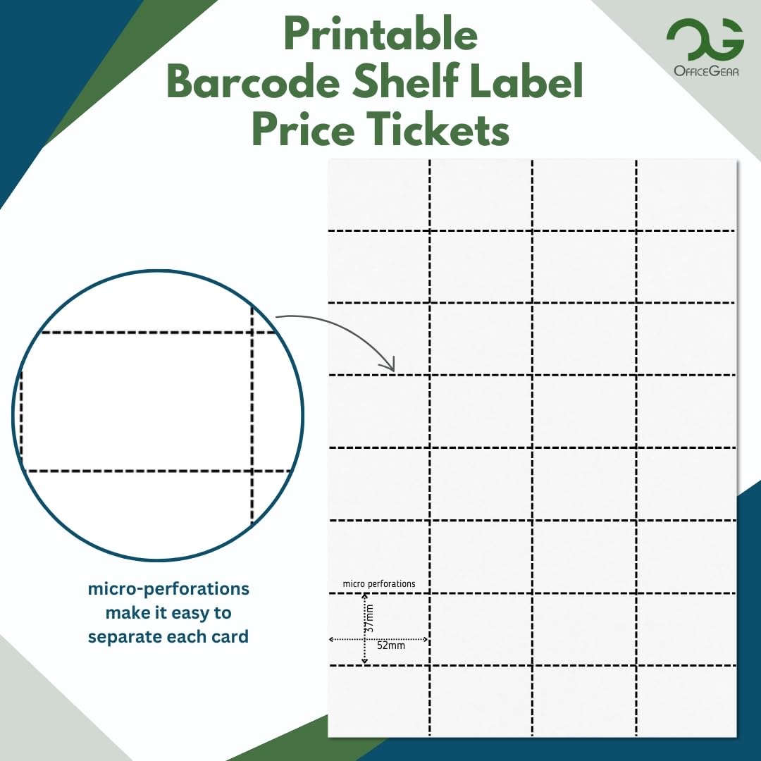 OfficeGear Shelf Labels 32-Up: Perforated Printable Labels - 25 Sheets / 800 Labels with Free Template