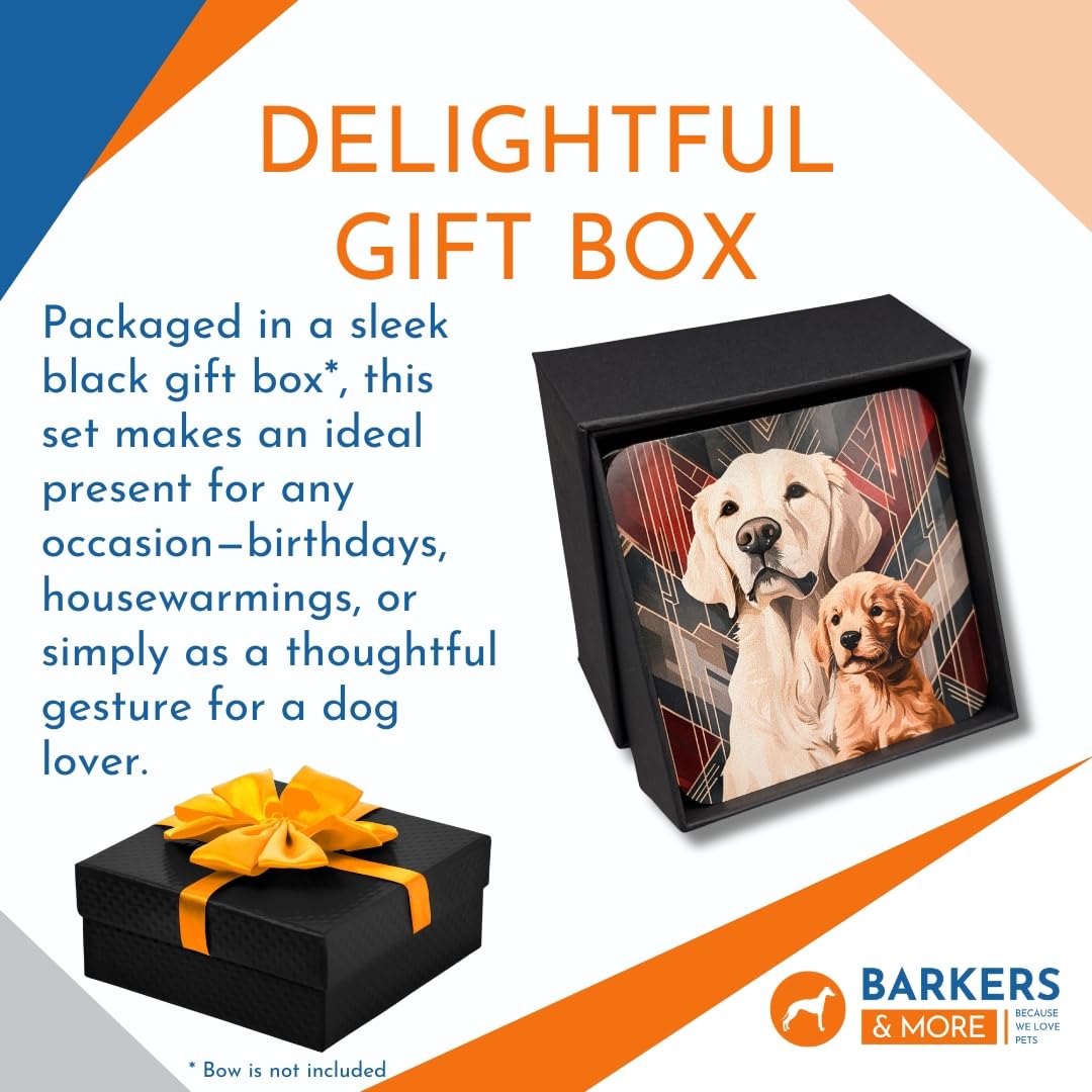 Barkers & More Art Deco Golden Retriever Coasters 6 Different Designs Incl Gift Box Idea for Retriever Dog Lovers Suitable for Christmas Birthday Mothers Fathers Day Thank You Gesture