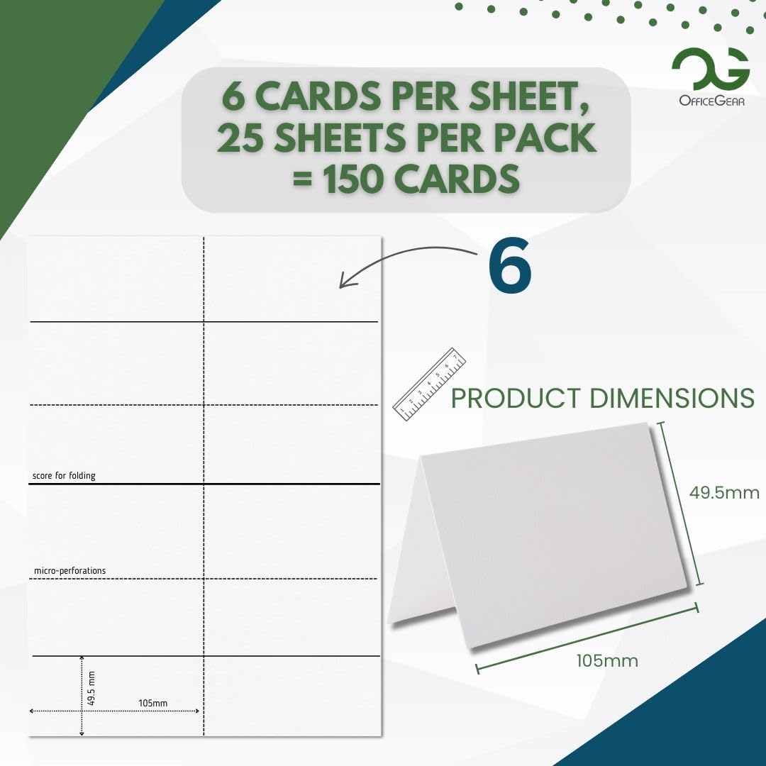 OfficeGear Tent Cards 6-Up: Perforated Printable Tent Cards - 25 Sheets / 150 Card with Free Template