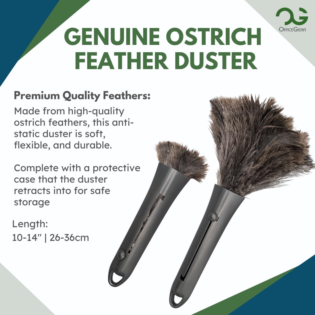 OfficeGear Retractable Genuine Ostrich Feather Duster [26-36cm] - Convenient Office Desktop Household Dust Removal Tool With Own Storage Case