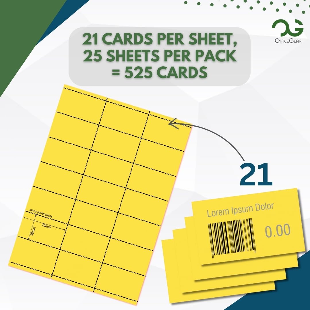 OfficeGear Yellow Shelf Edge Labels [525 Pack] 38x70mm Printable A4 Card 21 Perforated Labels/Sheet for Retail Barcodes, Price Stickers, Point of Sale, Product Info, Shelf Promotions Incl Template